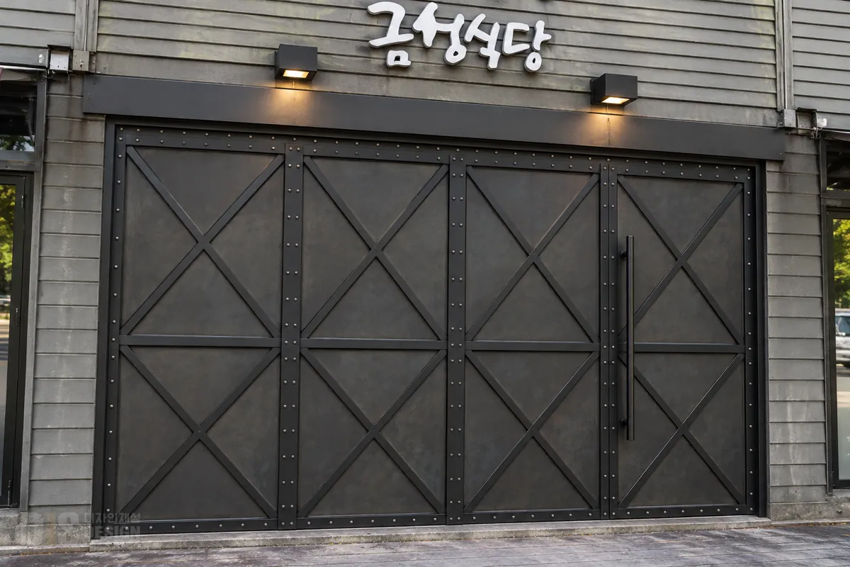 창고 문 느낌의 X자 철판 픽스 · 여닫이 도어 AI 시안 이미지
