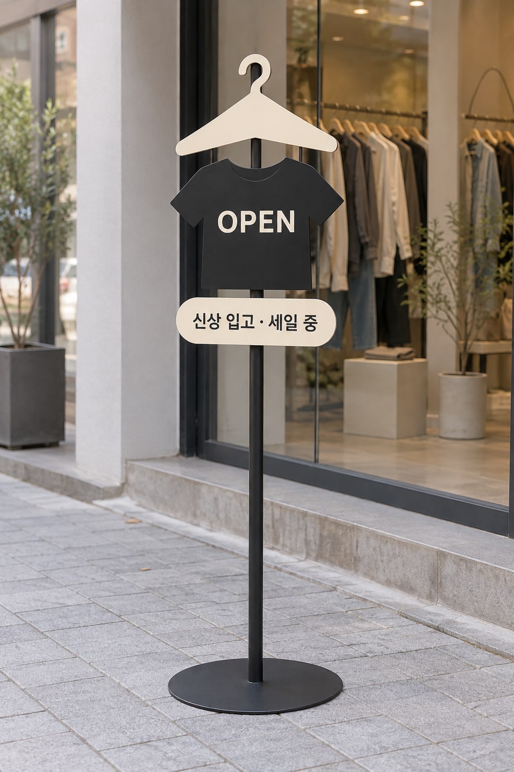 옷걸이 + 티셔츠 스탠드 입간판 디자인 시안 – OPEN 옷집